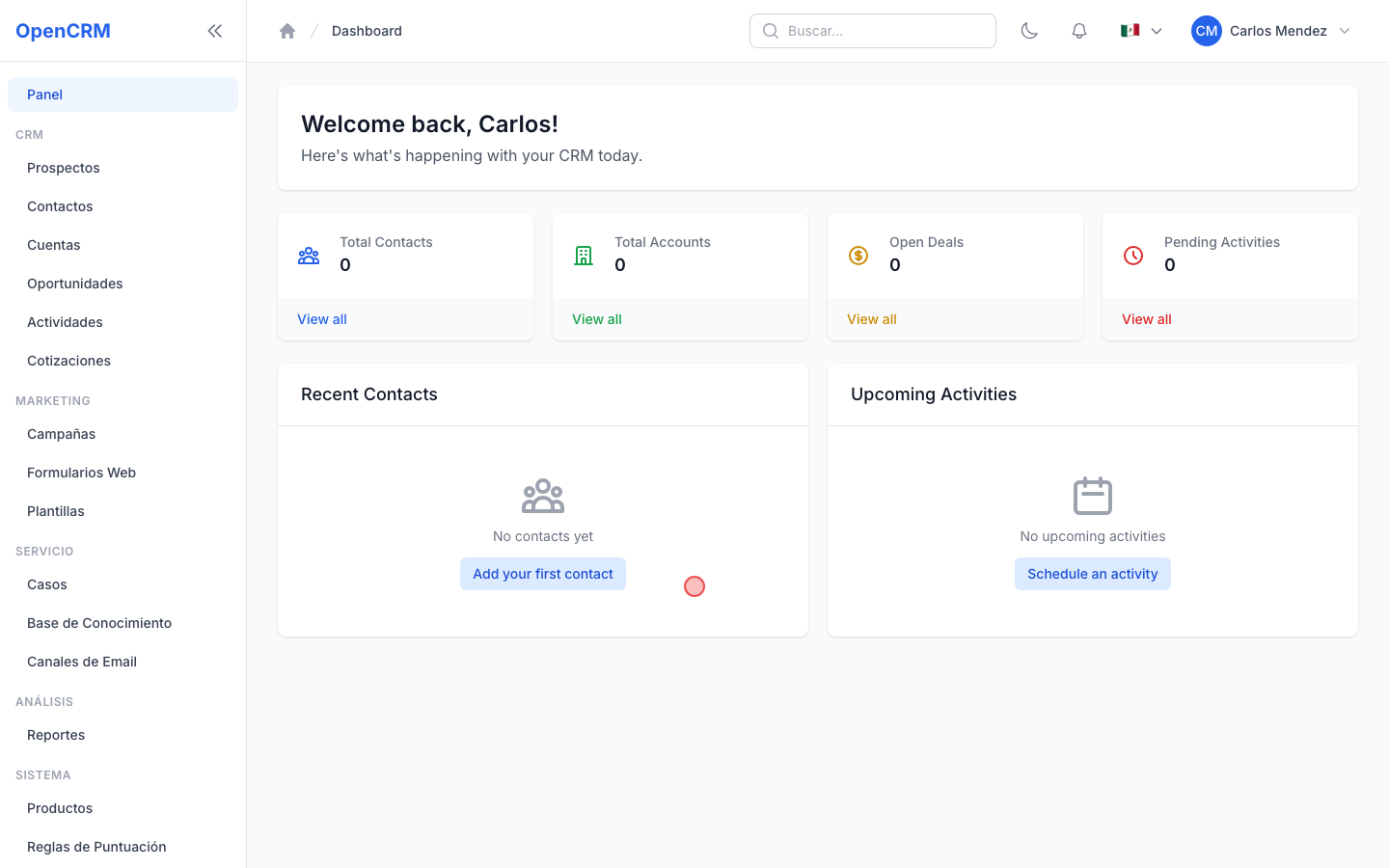 Captura: Dado que inicié sesión en el CRM como "carlos.mendez@opencrm.com"